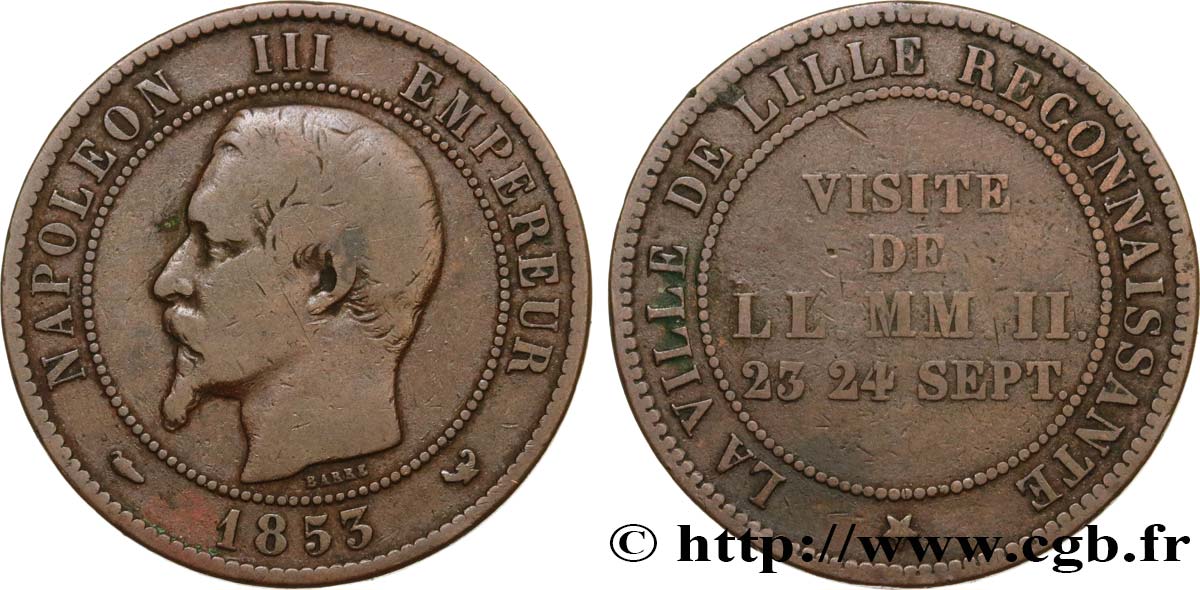 SEGUNDO IMPERIO FRANCES Module de dix centimes, Visite impériale à Lille les 23 et 24 septembre 1853 BC+