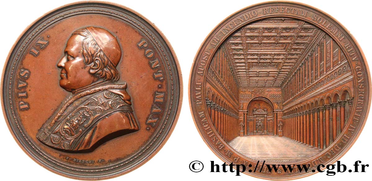 ITALIE - ÉTATS DU PAPE - PIE IX (Jean-Marie Mastai Ferretti) Imposante médaille, réfection de la Basilique Saint Paul TTB+