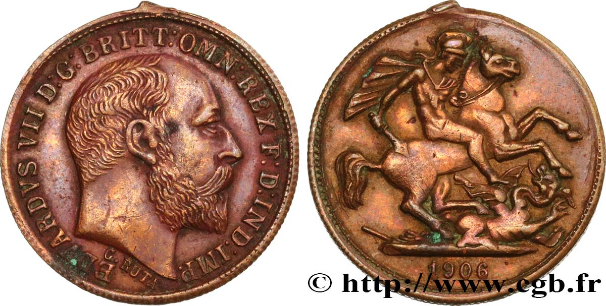 REINO UNIDO Médaille, copie du Souverain Edouard VII BC+
