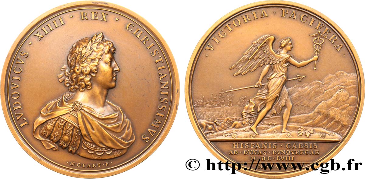 LOUIS XIV  THE SUN KING  Médaille, Bataille des dunes, refrappe AU