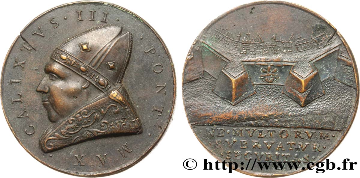 VATICAN ET ÉTATS PONTIFICAUX Médaille, Calixte III, Fortifications romaines, refrappe TTB+