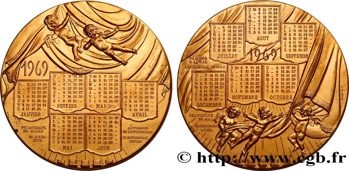FUNFTE FRANZOSISCHE REPUBLIK Médaille calendrier, Chérubins et théâtre fVZ