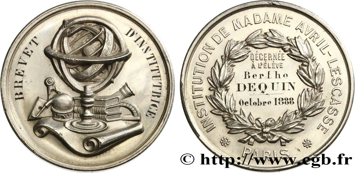 DRITTE FRANZOSISCHE REPUBLIK Médaille, Brevet d’institutrice fVZ