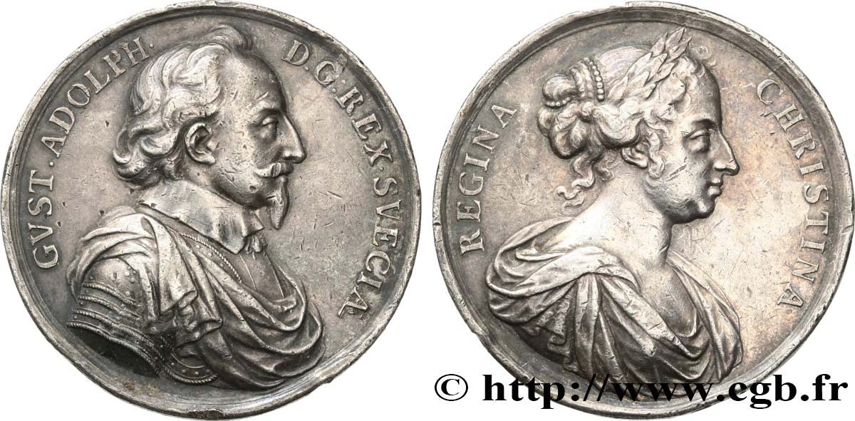 SUÈDE - GUSTAV II ADOLF OF SWEDEN ERFURT Médaille, Gustave II Adolphe et la reine Christina XF