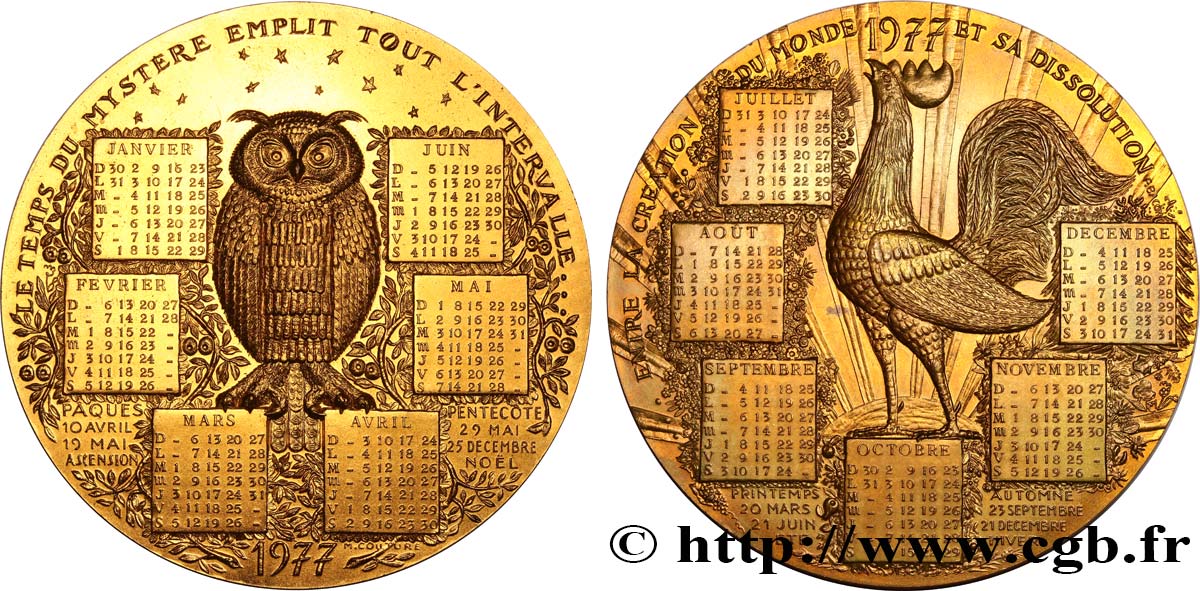 FUNFTE FRANZOSISCHE REPUBLIK Médaille calendrier, La Chouette et le Coq VZ