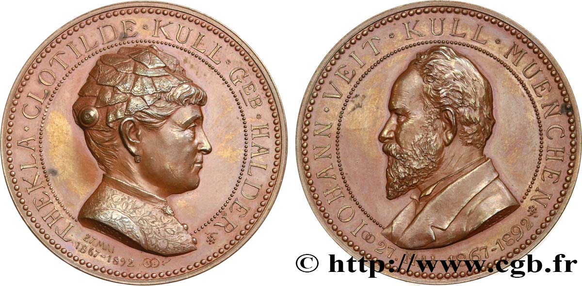 GERMANY Médaille, Noces d’argent du numismate bavarois Johann Veit Kull et de Thekla Clotide Halder AU