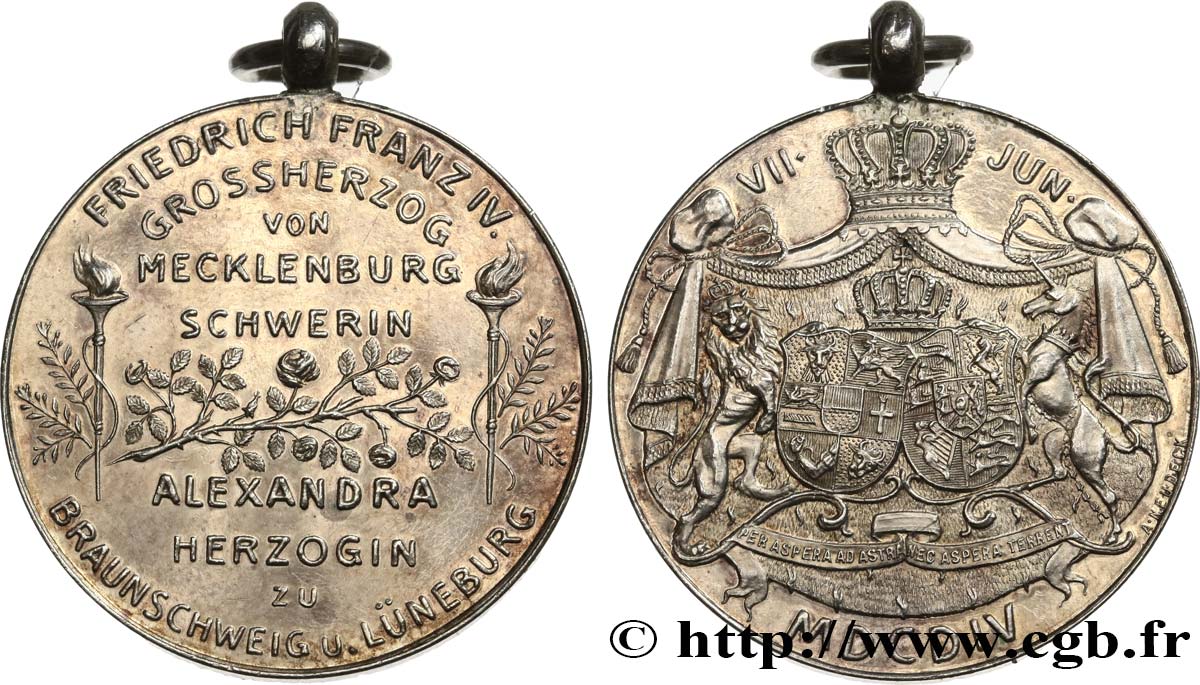 GERMANIA - MECLEMBURGO-SCHWERIN Médaille, Mariage d’Alexandra Herzogin de Braunschweig et Lüneburg avec Friedrich François Grossherzog von Mecklenburg Schwerin q.SPL