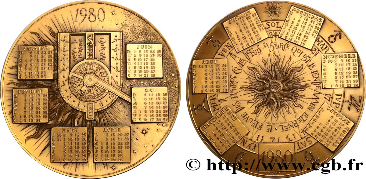 CINQUIÈME RÉPUBLIQUE Médaille calendrier, Cadran solaire horizontal SUP