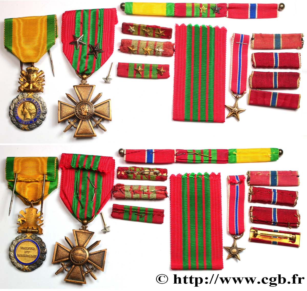 IV REPUBLIC Barrette de trois décorations, ses deux médailles et une miniature XF