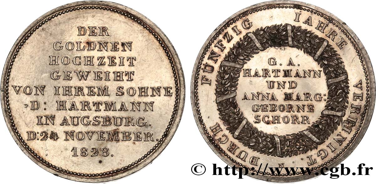 ALLEMAGNE Médaillette, Noces d’or de G. A. Hartmann et  Anna Marguerite Schorr SUP