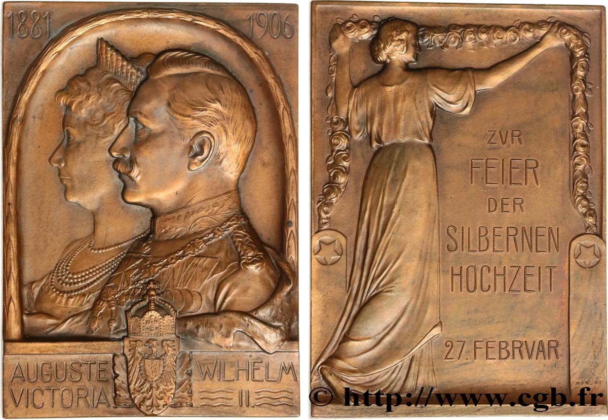 ALLEMAGNE - KÖNIGREICH PREUẞEN - WILHELM II. Plaque, Noces d’argent de Guillaume II d’Allemagne avec la Princesse Augusta-Victoria de Schleswig-Holstein-SondeRbourg-Augustenbourg VZ