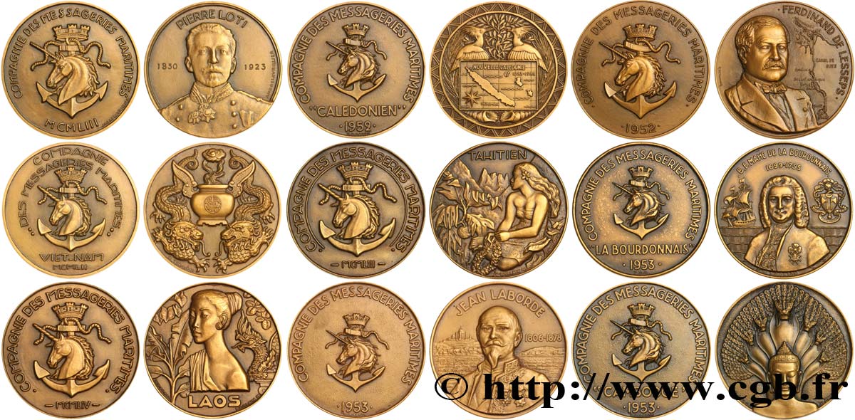 QUATRIÈME RÉPUBLIQUE Médailles, Compagnie des messageries maritimes, lot de 9 ex. SUP