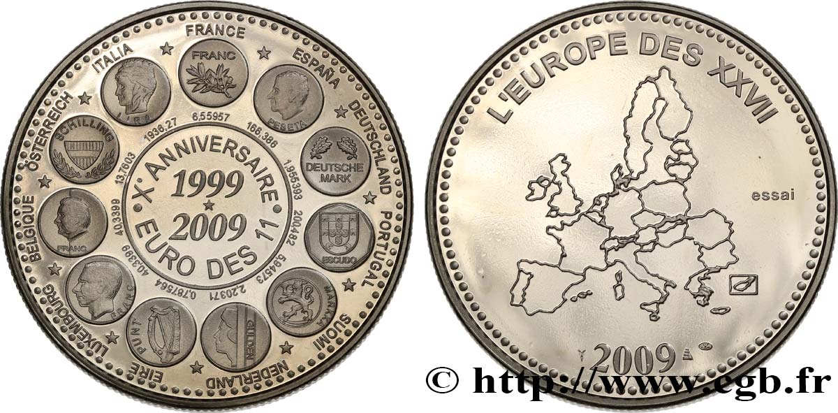 CINQUIÈME RÉPUBLIQUE Médaille, Essai, Xe Anniversaire Euro des 11 SUP