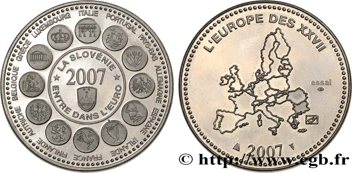 CINQUIÈME RÉPUBLIQUE Médaille, Essai, Entrée de la Slovénie dans l’Euro TTB