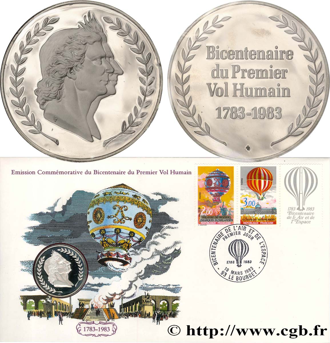 FUNFTE FRANZOSISCHE REPUBLIK Médaille enveloppe, Bicentenaire du Premier Vol Humain fST