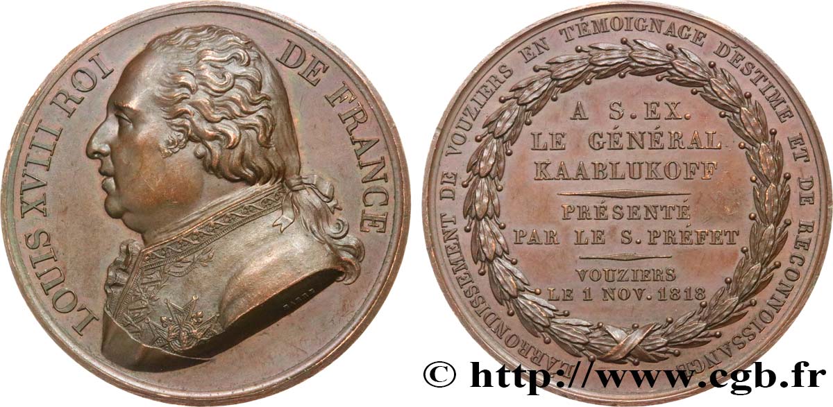 LUIGI XVIII Médaille, Hommage au général Kaablukoff q.SPL