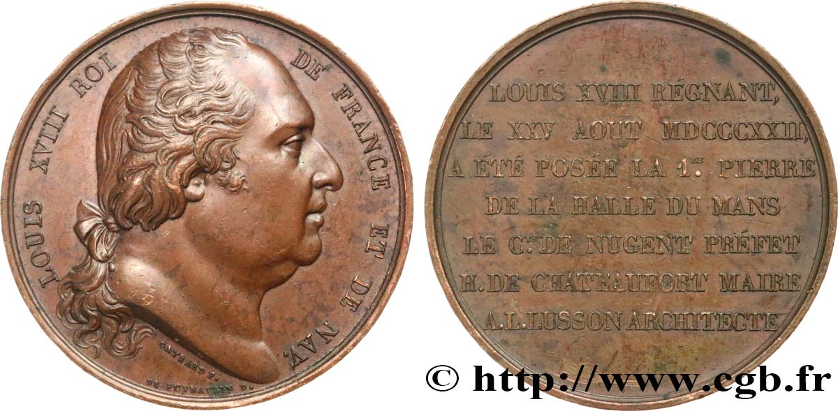 LUIGI XVIII Médaille, Pose de la première pierre de la Halle du Mans q.SPL