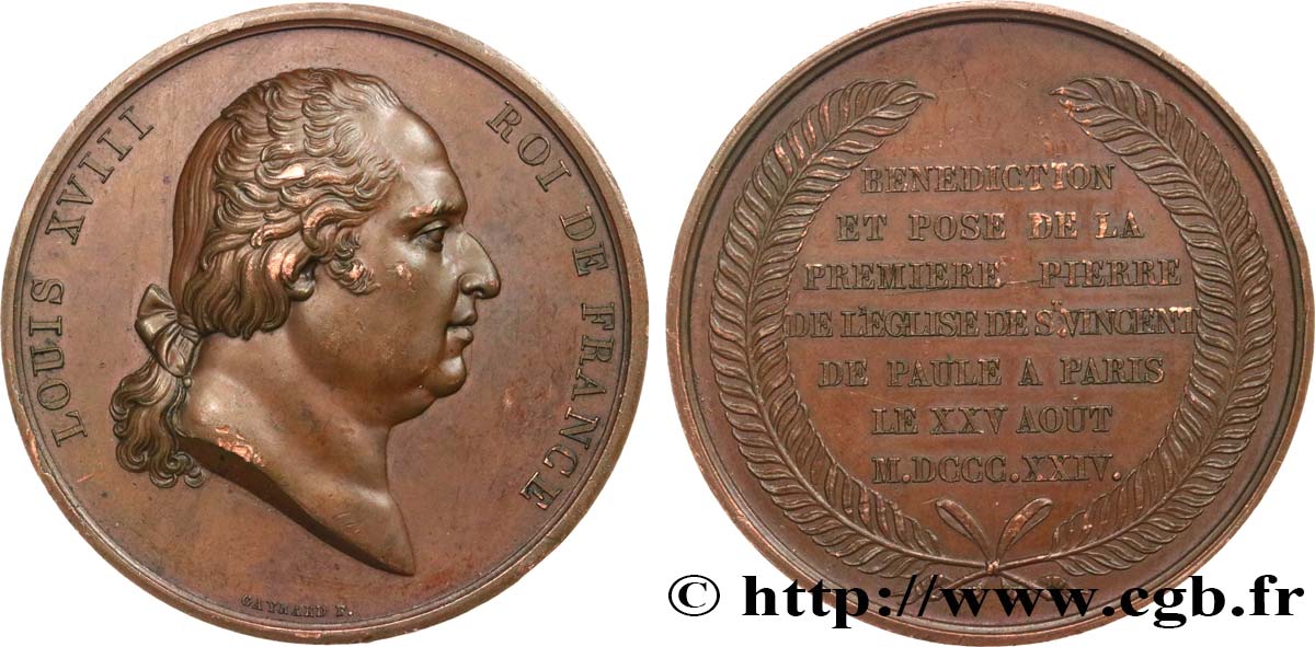 LOUIS XVIII Médaille, Pose de la première pierre de l’église Saint Vincent de Paul TTB+