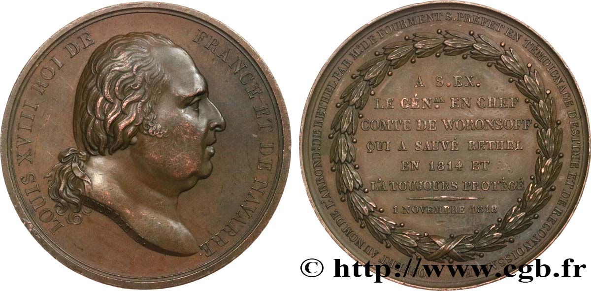 LOUIS XVIII Médaille, Hommage au Comte de Woronsoff TTB+