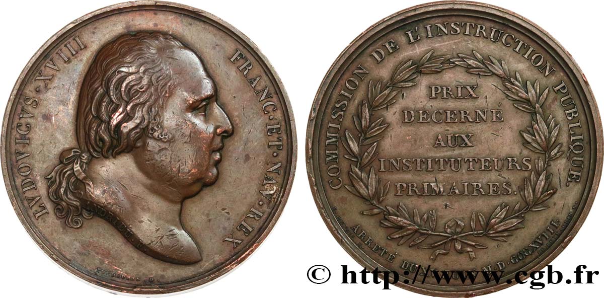 LOUIS XVIII Médaille, Commission de l’instruction publique TTB