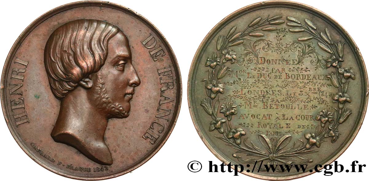 HENRY V COUNT OF CHAMBORD Médaille de récompense donnée par le Duc de Bordeaux, Avocat à la cour royale de Paris AU