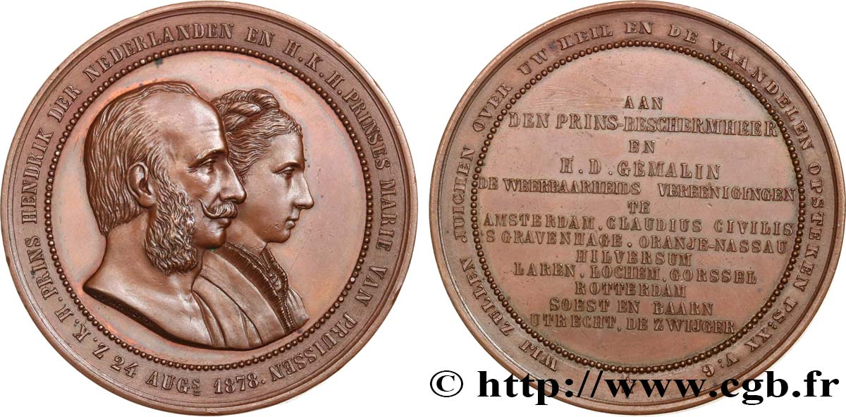 PAYS-BAS - ROYAUME DE HOLLANDE Médaille, Second mariage d’Henry d’Orange-Nasau avec Mari-Elisabeth de Prusse SUP