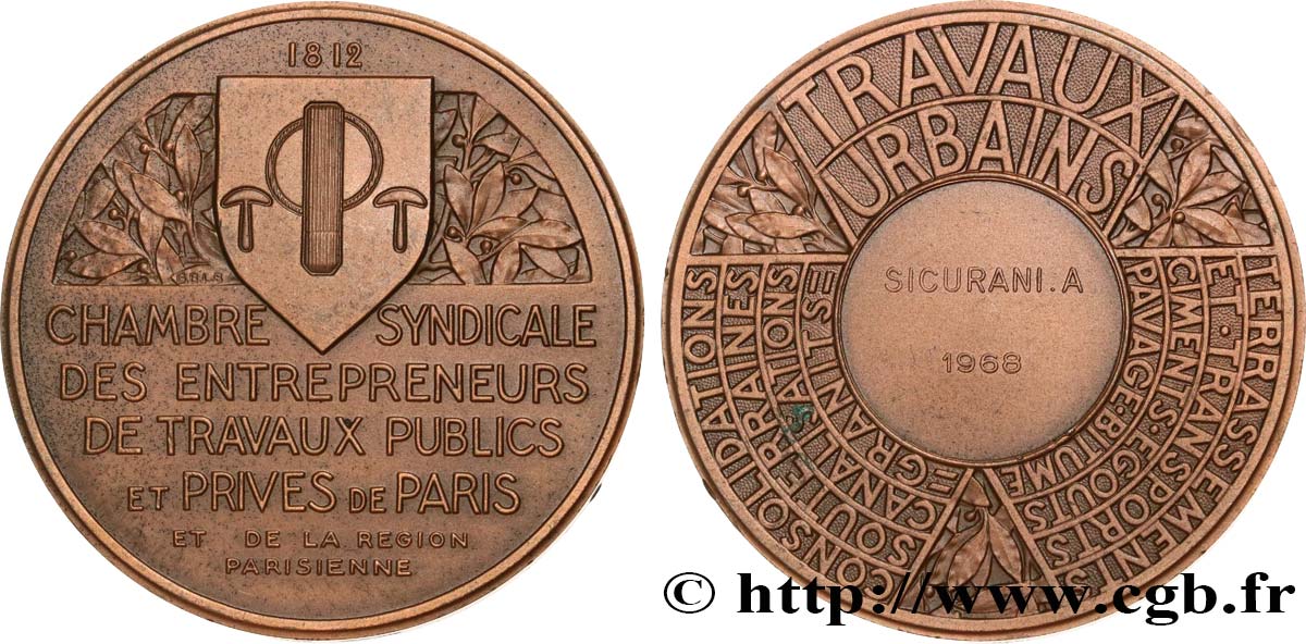 ASSOCIATIONS PROFESSIONNELLES - SYNDICATS Médaille de récompense, Travaux Urbains SUP