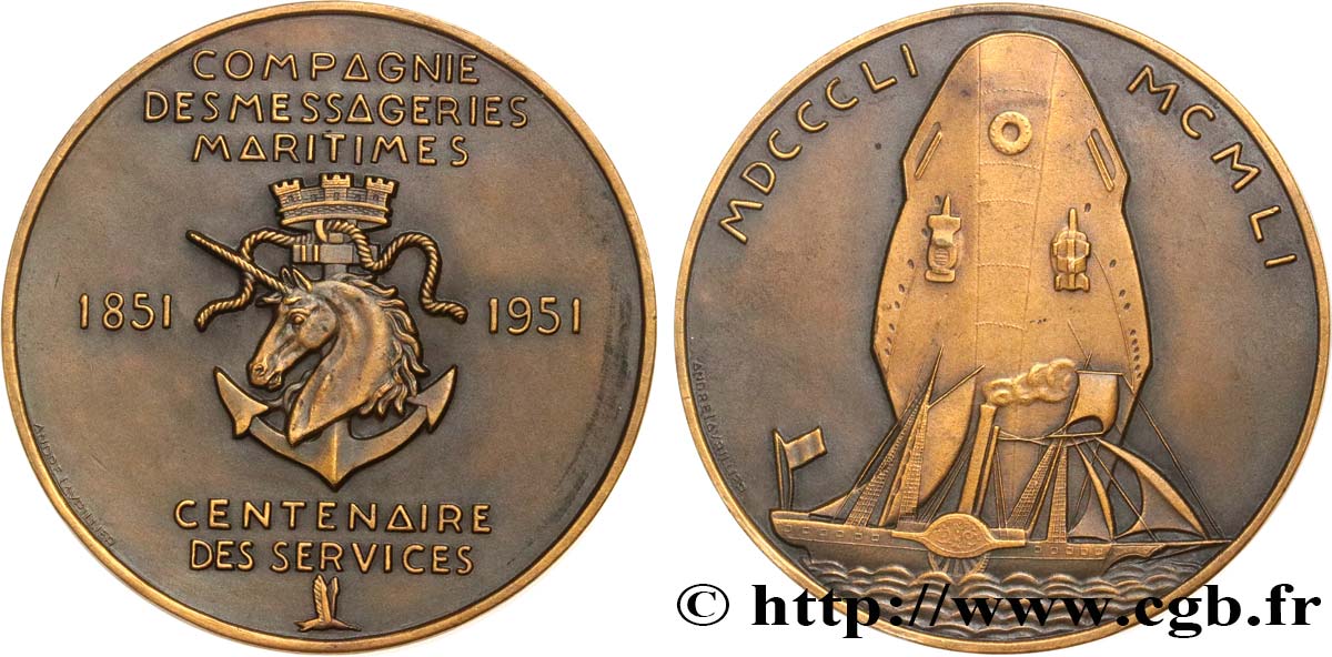 QUATRIÈME RÉPUBLIQUE Médaille, Compagnie des messageries maritimes, Centenaire des services TTB+