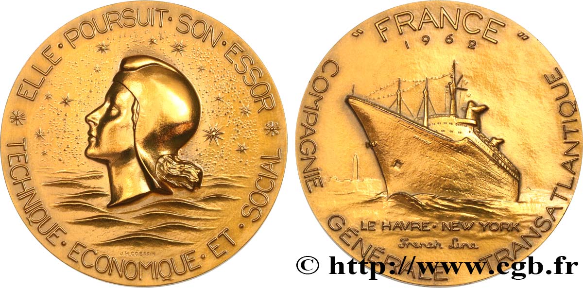 QUINTA REPUBLICA FRANCESA Médaille, Paquebot France MBC+