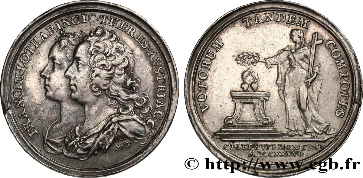 FRANÇOIS III de LORRAINE Médaille, Mariage de François III de Lorraine et Marie-Thérèse d’Autriche TB+