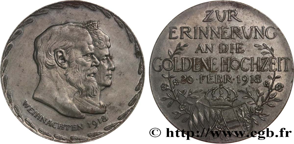 ALLEMAGNE - ROYAUME DE BAVIÈRE - LOUIS III Médaille, Noces d’or du Roi Louis III de Bavière  et de Marie Thérèse de Modène AU