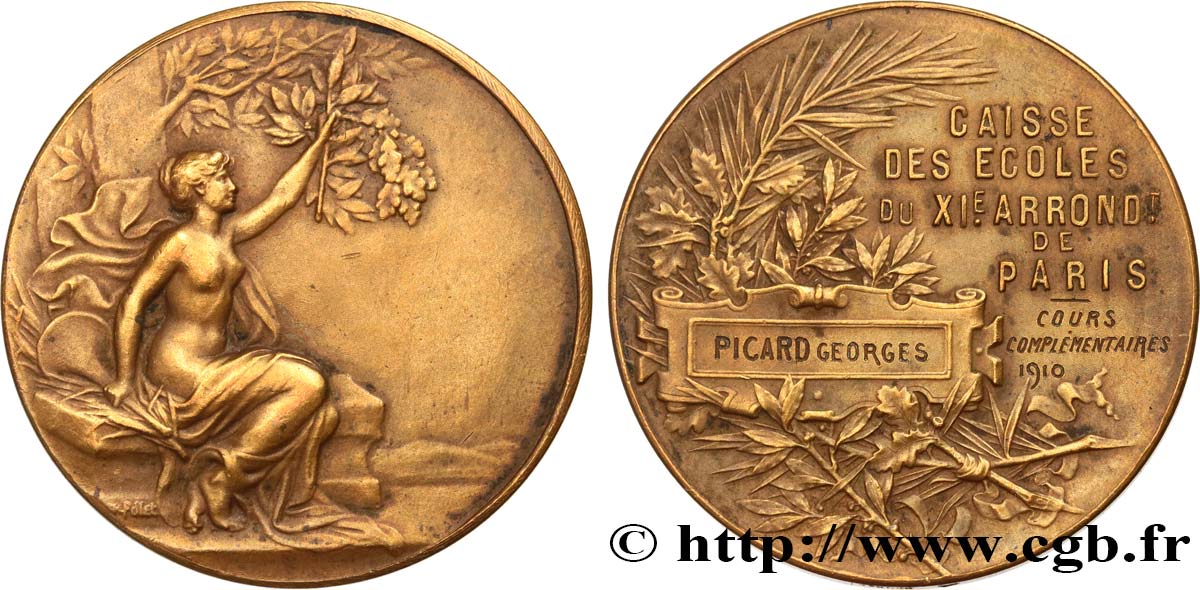 TERCERA REPUBLICA FRANCESA Médaille de récompense, Caisse des écoles, Cours complémentaires MBC