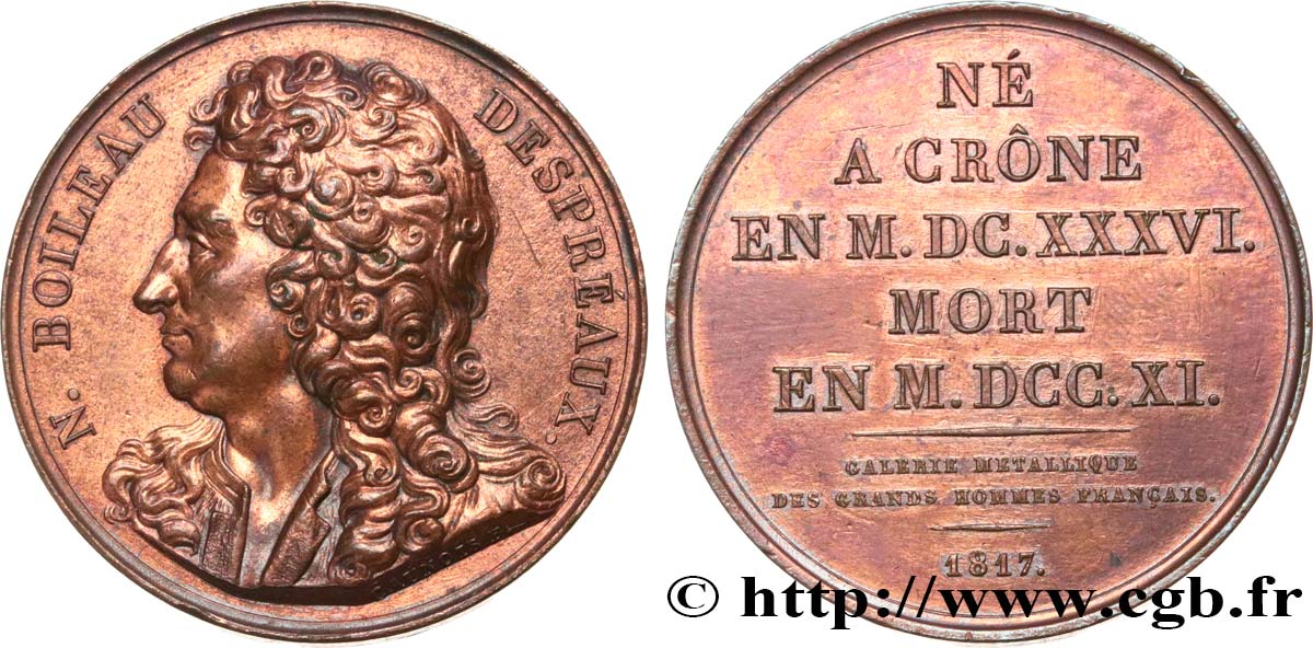 GALERIE MÉTALLIQUE DES GRANDS HOMMES FRANÇAIS Médaille, Nicolas Boileau Despréaux TTB