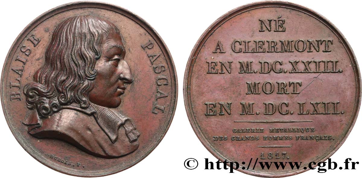 GALERIE MÉTALLIQUE DES GRANDS HOMMES FRANÇAIS Médaille, Blaise Pascal fVZ