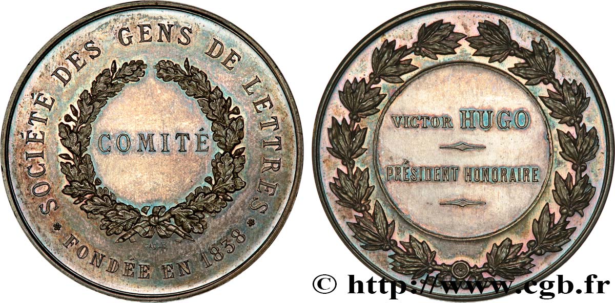 ACADÉMIES ET SOCIÉTÉS SAVANTES Médaille de Comité, Société des gens de lettres, Victor Hugo, Président honoraire VZ