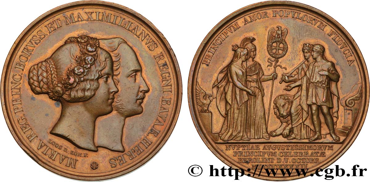 ALLEMAGNE - ROYAUME DE BAVIÈRE - MAXIMILIEN II JOSEPH Médaille, Mariage de Maximilien II de Bavière et Marie de Prusse TTB