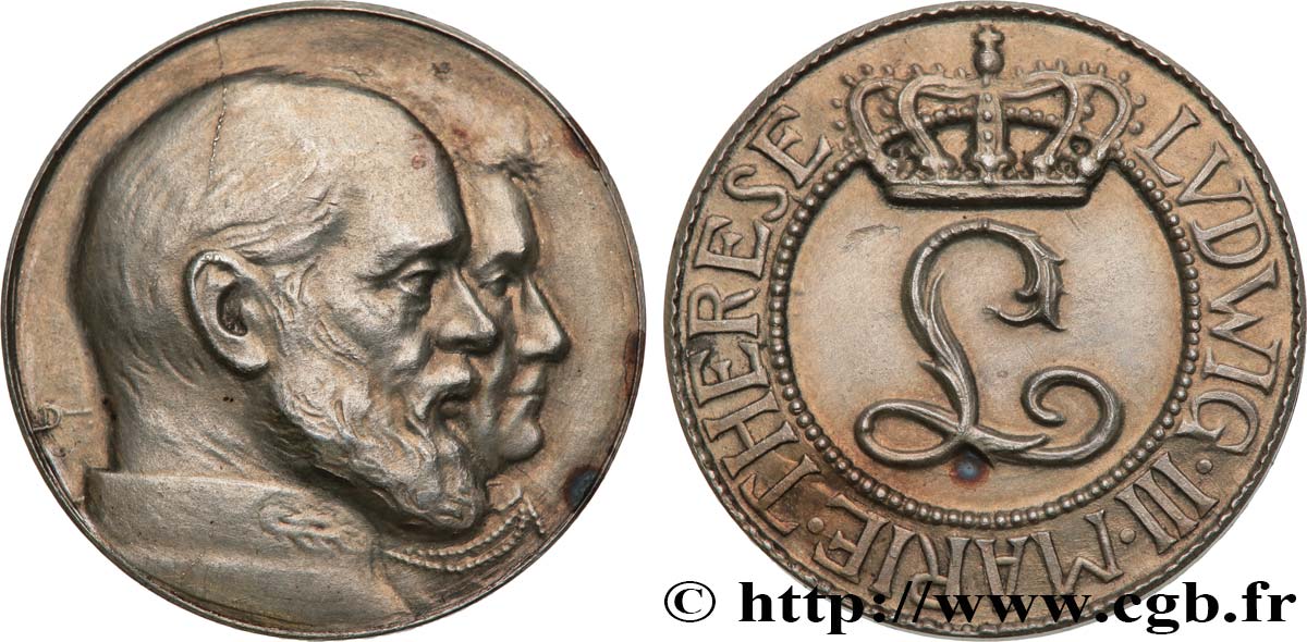 ALLEMAGNE - ROYAUME DE BAVIÈRE - LOUIS III Médaille, Noces d’or de Louis III de Bavière et Marie-Thérèse de Modène MBC