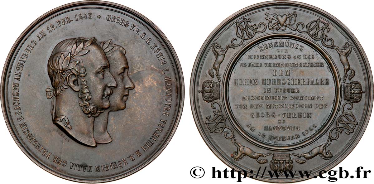 ALLEMAGNE - ROYAUME DE HANOVRE - GEORGES V Médaille, Célébration des noces d’argent de Georges de Hanovre et de Marie de Saxe-Altenbourg TTB