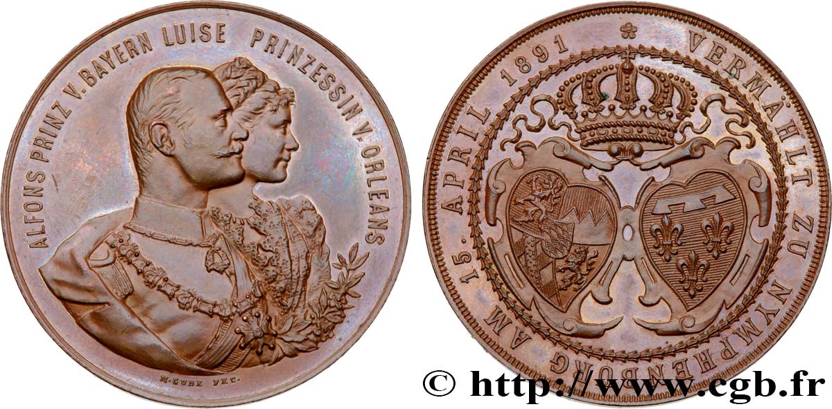 DEUTSCHLAND - BAYERN Médaille, Mariage du Prince Alfons de Bavière et de Louise Princesse d’Orléans fVZ