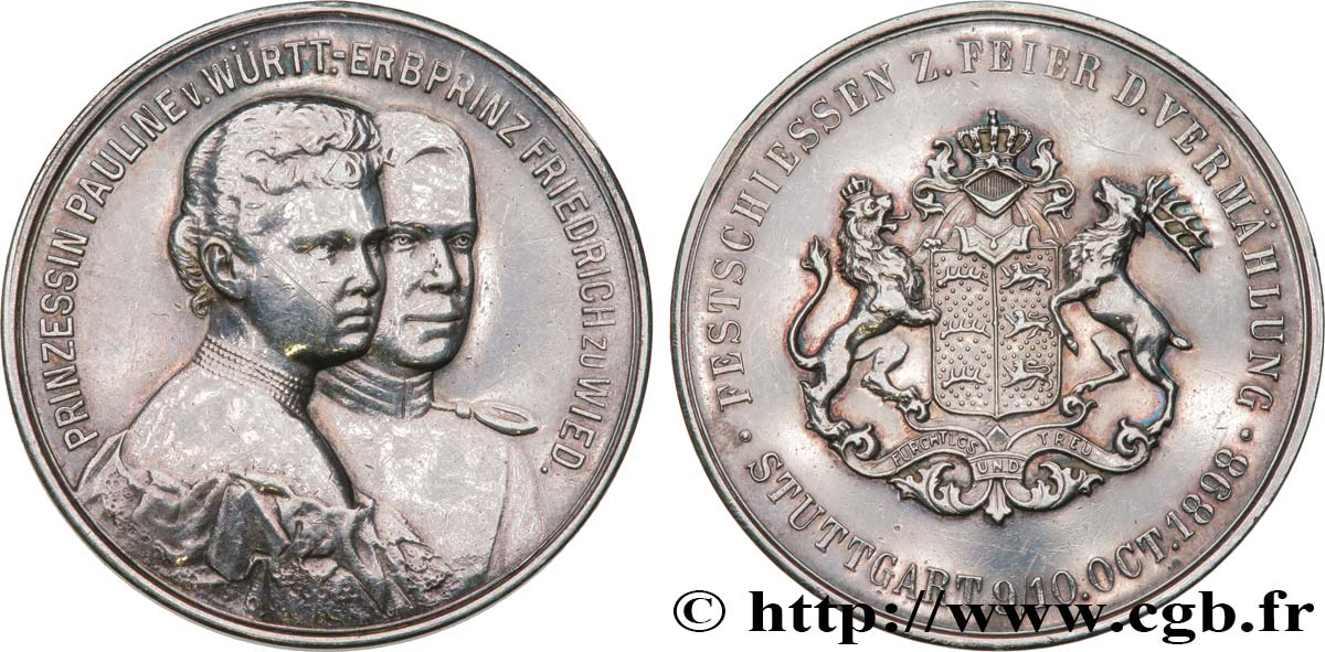 GERMANIA - WÜRTEMBERG Médaille, Mariage de la Princesse Pauline de Würtemberg et Frédéric Prince de Wiedle BB