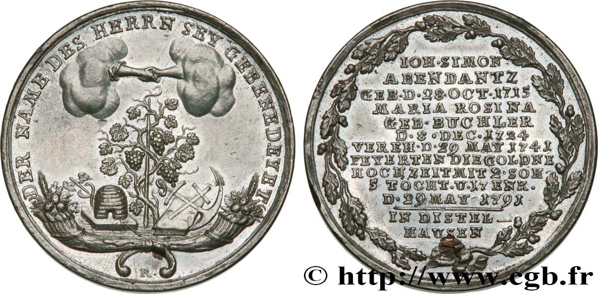 ALLEMAGNE Médaille, Noces d’or de Johann Simon Abendantz et de Maria Rosina, née Büchler TTB