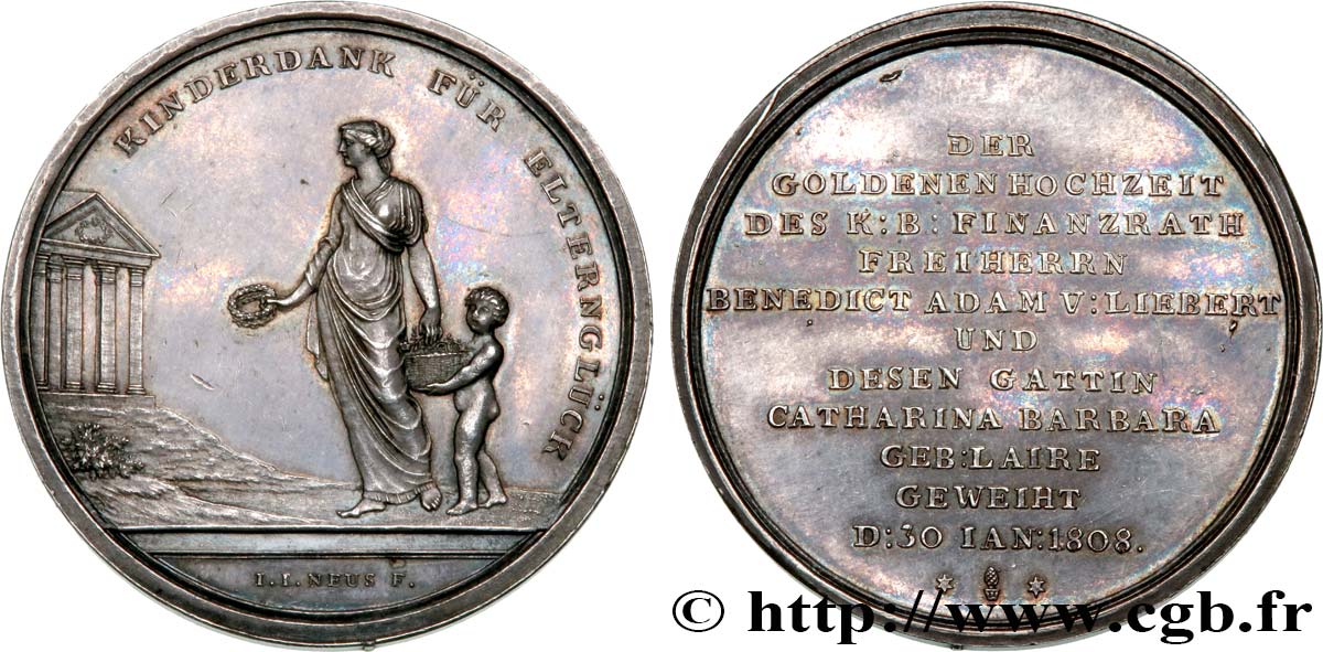 ALLEMAGNE Médaille, Noces d’or du Conseiller Royal bavarois des Finances Bénédict Adam de Liebert et de son épouse Catharina Barbara TTB+