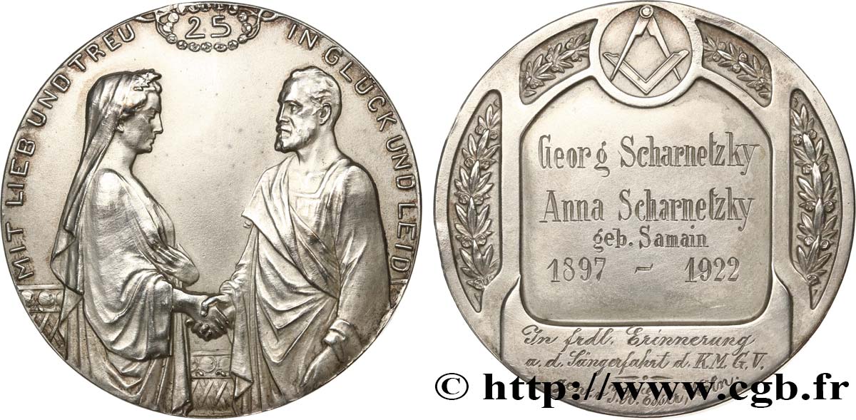 ALLEMAGNE Médaille, Noces d’argent de Georg Scharnetzky et d’Anna Samain  TTB+