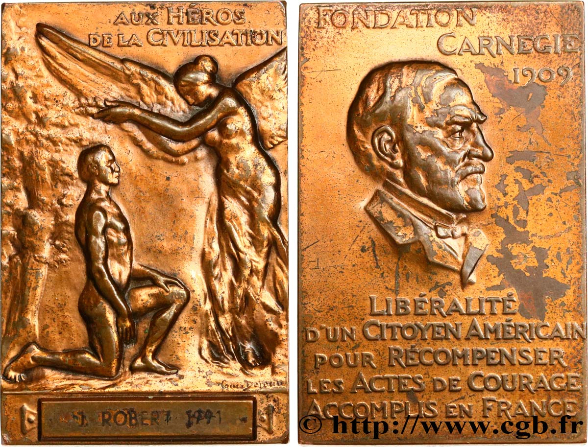 PRIX ET RÉCOMPENSES Plaque de récompense, Fondation Carnegie, Aux héros de la civilisation TTB