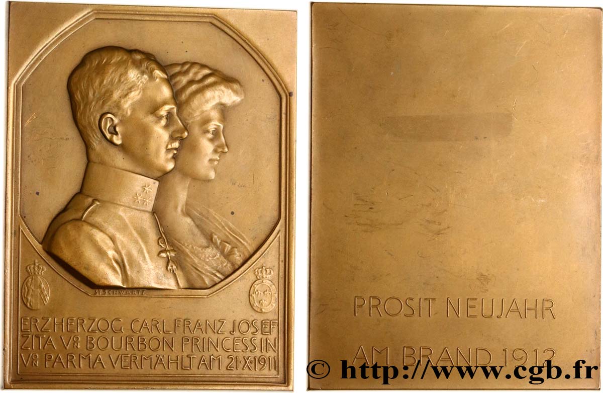 AUTRICHE Plaque de voeux, Mariage de la princesse Zita de Bourbon Parme et de l’archiduc Charles d’Autriche TTB