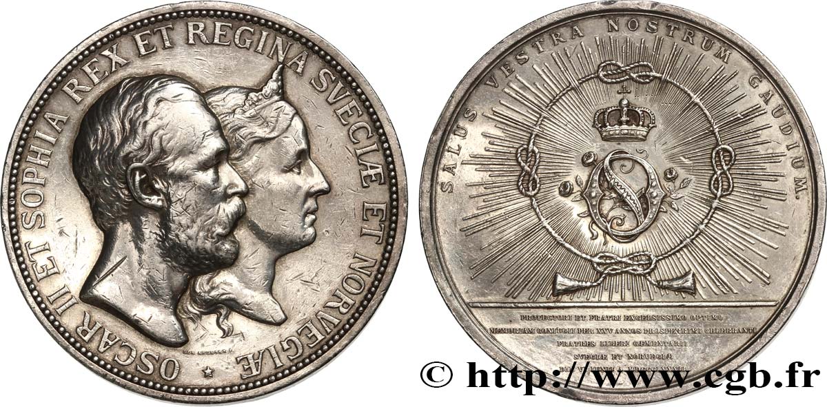 SUÈDE - ROYAUME DE SUÈDE - OSCAR II Médaille, Noces d’argent d’Oscar II et de Sophie de Suède TTB