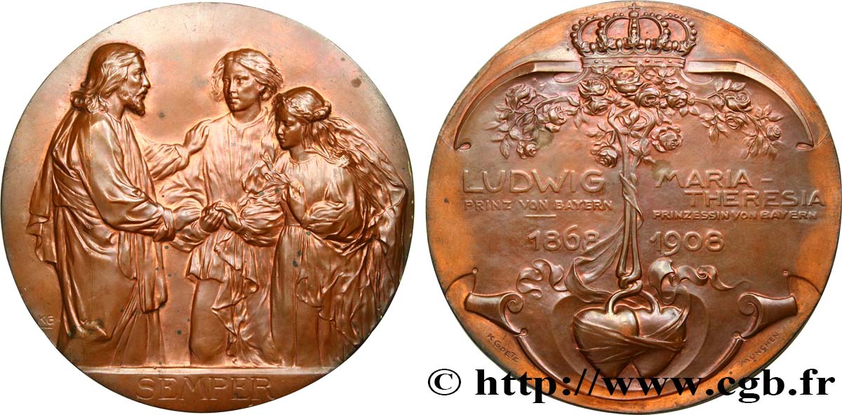 ALLEMAGNE - ROYAUME DE BAVIÈRE - LOUIS III Médaille, 40 ans de mariage, Louis III de Bavière et Marie-Thérèse de Modène TTB