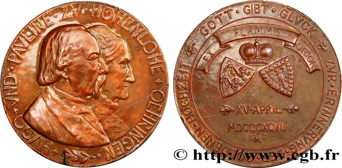 GERMANY Médaille, Noces d’or du Prince Hugo de Hohenlohe-öhringen et de Pauline de Holenhole XF