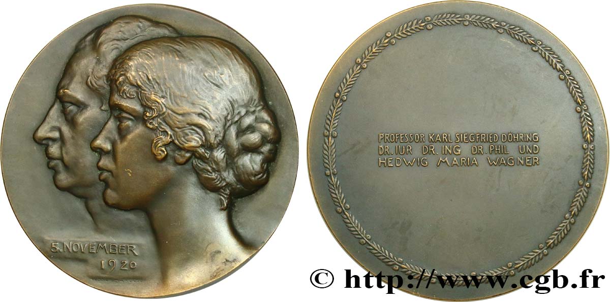 ALLEMAGNE Médaille, Mariage du Docteur Karl Siegfried Döhring et Hedwig Maria Wagner TTB+