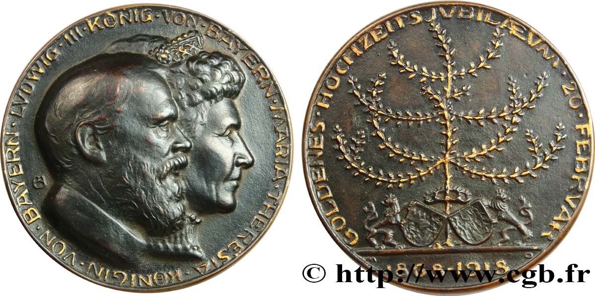 ALLEMAGNE - ROYAUME DE BAVIÈRE - LOUIS III Médaille, Noces d’or de Louis III de Bavière et Marie-Thérèse de Modène AU